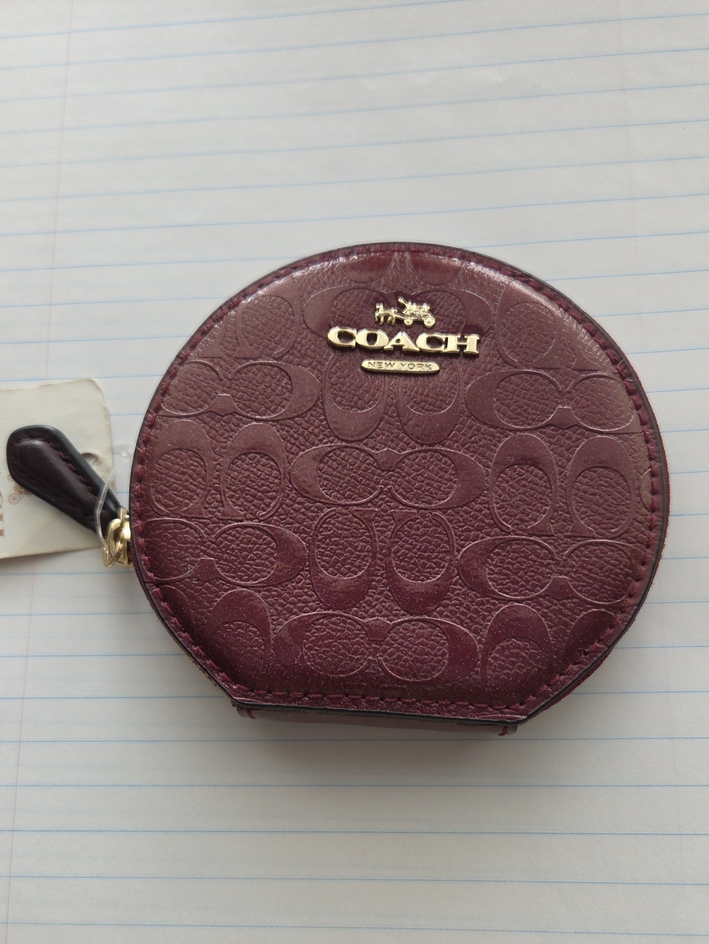 Coach Round Zip Coin Case in Deep Burgundy with Gold Logo